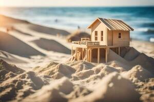 a miniature house on the beach. AI-Generated photo