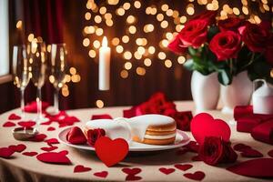 valentine's day table setting with red hearts and candles. AI-Generated photo