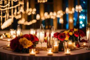 un mesa con velas y flores en él. generado por ai foto