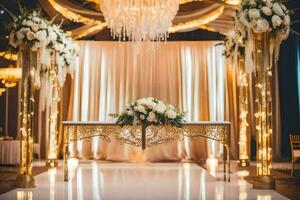 a wedding ceremony with gold and white flowers. AI-Generated photo