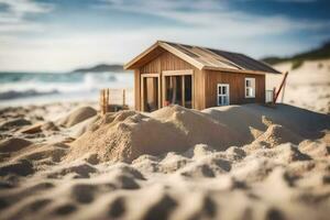 a miniature house on the beach with sand. AI-Generated photo