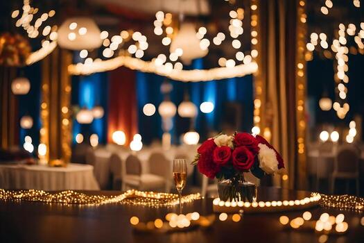 a table with flowers and candles in front of a string of lights. AI-Generated photo