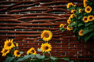 sunflowers are growing in front of a brick wall. AI-Generated photo