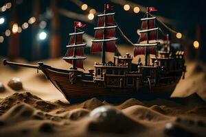 a model of a pirate ship in the sand. AI-Generated photo