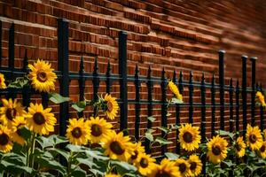 sunflowers are growing in front of a brick wall. AI-Generated photo