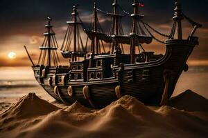 a model of a pirate ship on the beach. AI-Generated photo