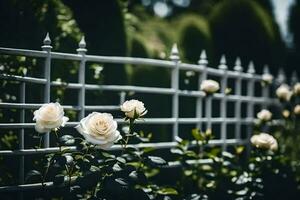 white roses in front of a white fence. AI-Generated photo
