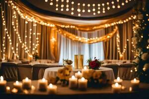 a wedding reception with candles and lights. AI-Generated photo