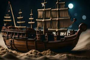 a model of a pirate ship in the sand. AI-Generated photo