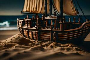 a model of a ship on the beach. AI-Generated photo