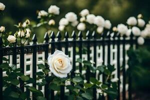 white roses are growing on a black fence. AI-Generated photo