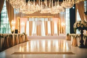 a wedding ceremony is set up in a large room with chandeliers. AI-Generated photo