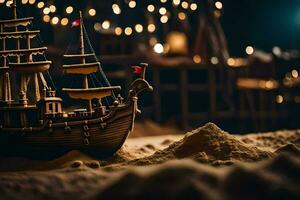 a model of a pirate ship in the sand. AI-Generated photo