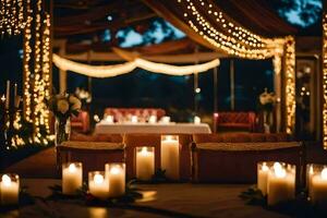 candles and lights are arranged in a tent for a romantic wedding. AI-Generated photo