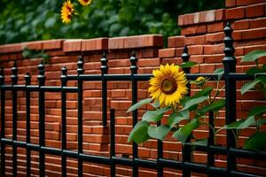 a sunflower is growing on a fence next to a brick wall. AI-Generated photo