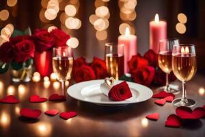 valentine's day dinner table with roses and candles. AI-Generated photo