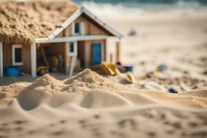 a miniature house on the beach with sand. AI-Generated photo