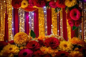 flowers and garlands in a red and yellow setting. AI-Generated photo