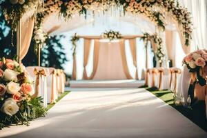 a wedding ceremony with flowers and white aisle. AI-Generated photo
