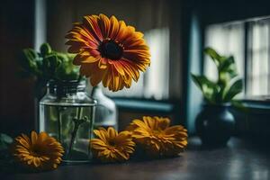 flowers in a vase on a table. AI-Generated photo