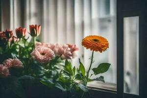 orange flower in front of a window. AI-Generated photo