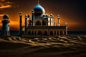 a small mosque in the desert at sunset. AI-Generated photo