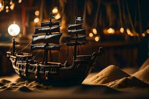 a pirate ship is sitting in the sand. AI-Generated photo