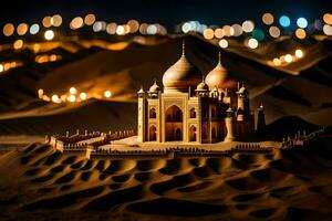 a model of a taj mahal in the desert at night. AI-Generated photo