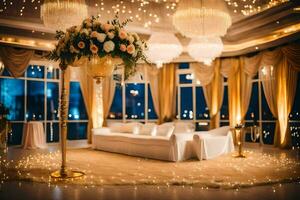 a wedding reception room with gold and white decor. AI-Generated photo