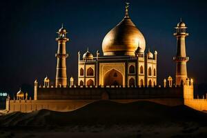 el taj mahal es iluminado arriba a noche. generado por ai foto