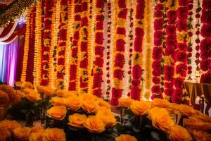 a wedding reception with flowers and garlands. AI-Generated photo
