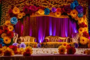 a colorful stage decorated with flowers and chairs. AI-Generated photo