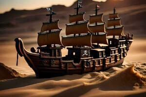 a model pirate ship is sitting in the sand. AI-Generated photo