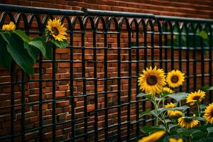 sunflowers growing in front of a brick wall. AI-Generated photo