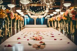 a long aisle with flowers and chandeliers. AI-Generated photo