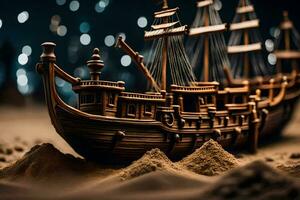 a model of a ship in the sand. AI-Generated photo