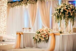 a wedding reception with white and orange flowers. AI-Generated photo