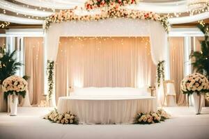a wedding ceremony with a white canopy and flowers. AI-Generated photo