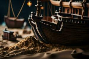 a model of a ship in the sand. AI-Generated photo