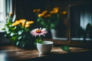 un flor en un taza en un mesa cerca un ventana. generado por ai foto