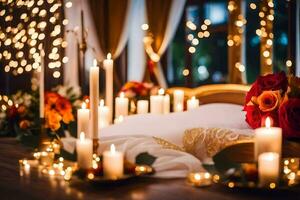 candles and flowers are arranged on a bed. AI-Generated photo