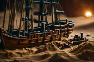 a model of a ship in the sand. AI-Generated photo