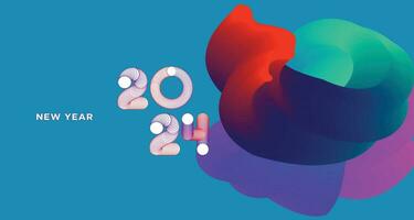 Happy New Year 2024 Colorful Greeting Card Banner for Social Media. Vector Abstract Fluid Background Design