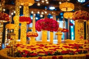 a wedding reception with yellow and red flowers. AI-Generated photo