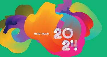 Happy New Year 2024 Colorful Greeting Card Banner for Social Media. Vector Abstract Fluid Background Design