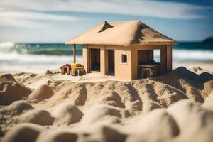 a small house on the beach with sand. AI-Generated photo