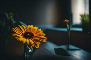 a yellow flower sits in a vase on a table. AI-Generated photo