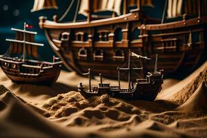 a model of a ship in the sand. AI-Generated photo