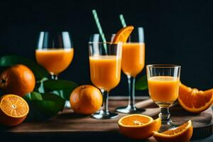 orange juice in glasses and slices of oranges on a wooden table. AI-Generated photo