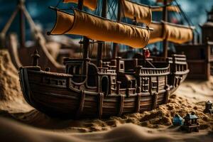 a model of a pirate ship on a sandy beach. AI-Generated photo